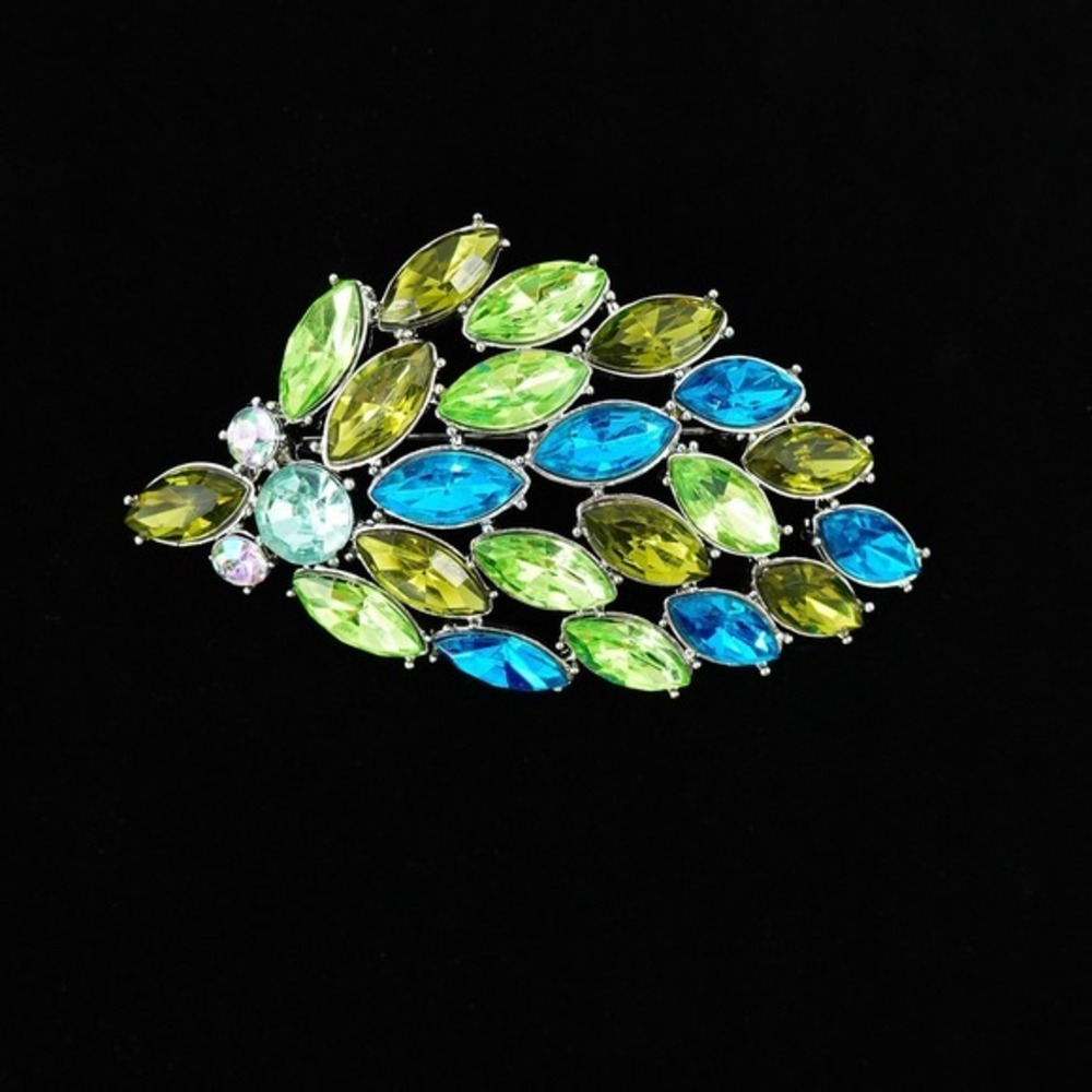VTG Rhinestone Leaf Brooch Marquise Green Aqua Silver‎ Tone Regency 4.5" x 2.75"